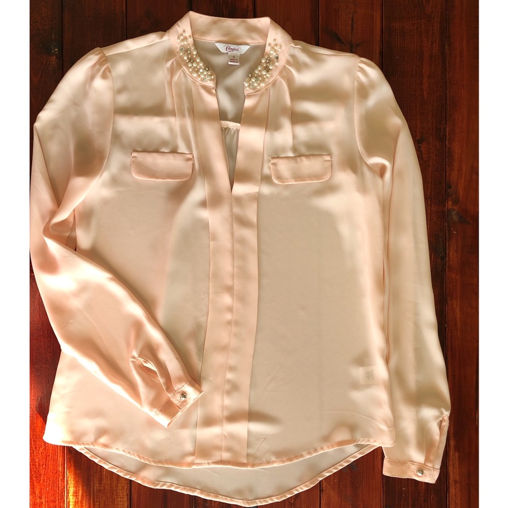 Candies Long Sleeve Sheer Pearl Collard Blouse